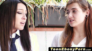 TeenEbonyPorn.com - Adorable black teenie Chanell Heart sucks on white boner