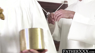 FatherXXX.com - Pious twink worships priest's big cock with his mouth before a raw pounding