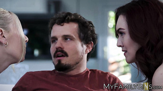 Redhead Freya Parker and blonde Kay Lovely are swapping a cock in threesome