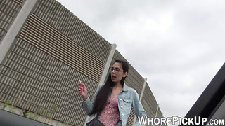 Nerdy looking whore doggystyle fucked after blowjob in car