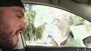 Tgirl Emma Rose gives carwash n blowjob