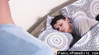 FamilyPornSite.com - Handsome dad's surprise blowjob in pajamas with stepson