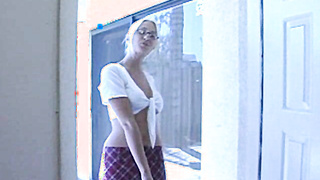 Handsome teen [censored] lifts her skirt for pussy drilling
