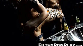 FilthyPissPlay.com - Gaping freak watches piss fetish porn while fucking hard