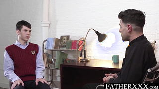 FatherXXX.com - Young believer jerks off in ecstasy as religious daddy drills him with sacred toys