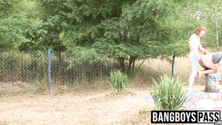 Kinky teen ass pounded by ginger stud while voyeurs watch