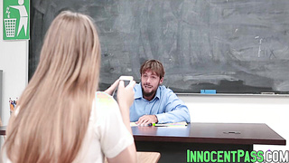 Hot brunette teen Alyce Anderson uses hard cock in erection.