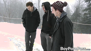 Cute twinks have a threeway in the cabin after taking a walk