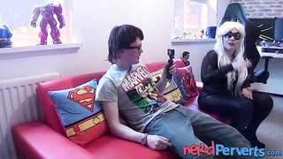 Natural tits blonde Haley Quinn sucking cock in latex suit