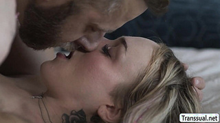 Lucky dude bareback fucks horny blonde shemales ass