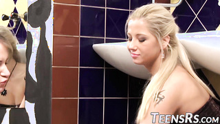 Two deviant blondes in high heels and stockings ride cock