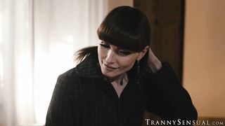 Horny brunette tgirl Natalie Mars massaged and fucked raw