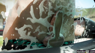 Carwash tgirl takes guy in to get fucked
