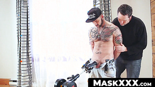 MaskXXX.com - Hairy tattooed hunk gets his big cock sucked and wanked with glee