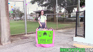 Petite brunette teen Kharlie Stone gags on massive schlong