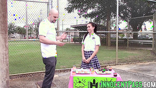 Petite brunette teen Kharlie Stone gags on massive schlong