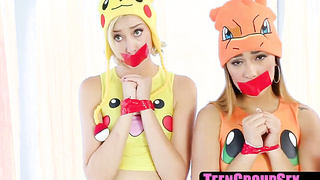 TeenGroupSex.com - Dude catches and fucks three PokÃ©mon cosplayer chicks