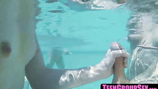 TeenGroupSex.com - Sexy chicks share cock at pool party sucking and fucking