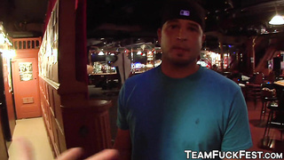 Three pornstars gang up and fuck one very lucky bartender