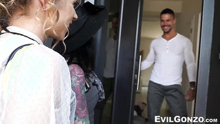 Double penetration orgy with two sexy babes taking big dicks