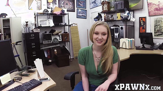 Horny babe sucks pawnshop sellers cock POV before riding it