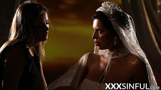 Beautiful lesbian couple moans while kissing and scissoring