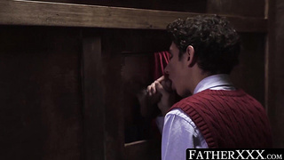 FatherXXX.com - Twink's confession turns into a wet blowjob and a taboo, bareback priest fuck
