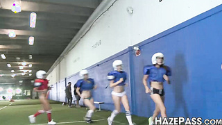 Frat girl dominates young lesbian chicks into hot foursome