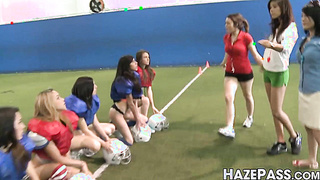 Frat girl dominates young lesbian chicks into hot foursome