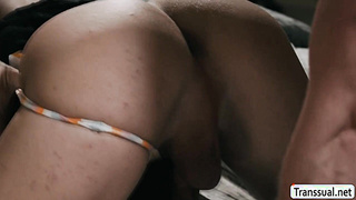 TS caught her friend jerking off and gives him a hand