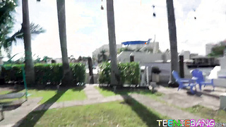 Petite Kira Perez rides monster cock after slobbering on it