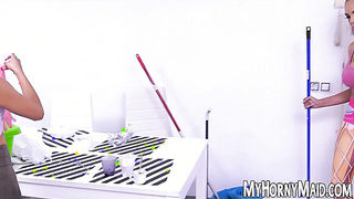 Maid babe fucks her girl colleague and her boss in threesome