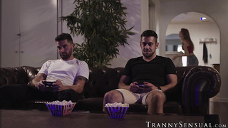 Tranny Crystal Thayer covered in cum after hardcore pounding