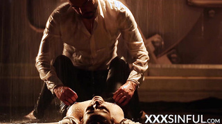 Sinful babe rides and sucks big cock on the rain