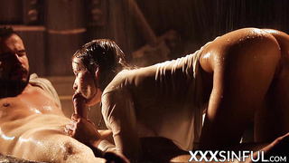 Sinful babe rides and sucks big cock on the rain