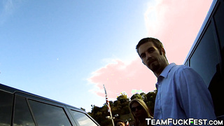 Three pornstars are on a hunt for some hard stranger cock