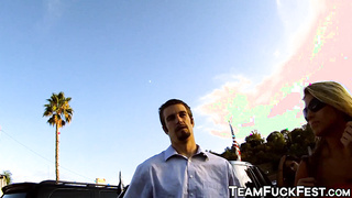 Three pornstars are on a hunt for some hard stranger cock