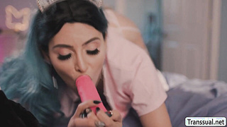 Horny TS plays her asshole using toy and big dick