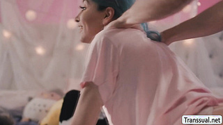 Horny TS plays her asshole using toy and big dick