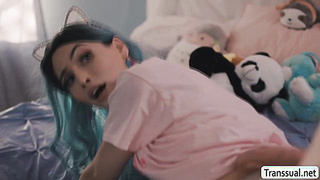 Horny TS plays her asshole using toy and big dick