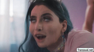 Horny TS plays her asshole using toy and big dick