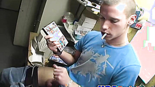 Horny cute twink with piercing wanking his big dick