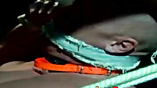 Muscle jock tied up with fat rope during outdoor BDSM