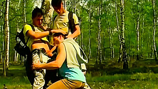 Big dick jock sucked off before outdoor anal threesome