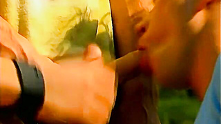 Big dick jock sucked off before outdoor anal threesome