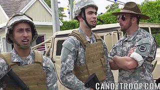 Army studs swap blowjobs before outdoor interracial foursome