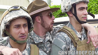 Army studs swap blowjobs before outdoor interracial foursome
