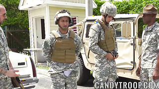 Army studs swap blowjobs before outdoor interracial foursome