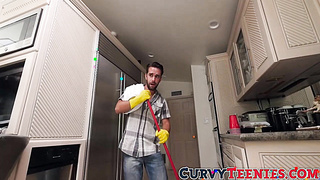 Brunette skank Demi Lowe fucks with her help in the kitchen