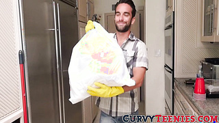 Brunette skank Demi Lowe fucks with her help in the kitchen